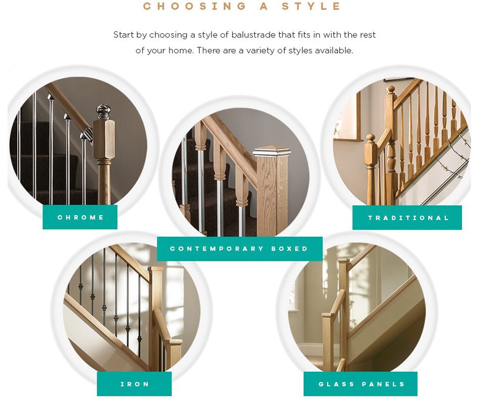An image that shows the different styles of staircase including chrome, contemporary, traditional, iron and glass.